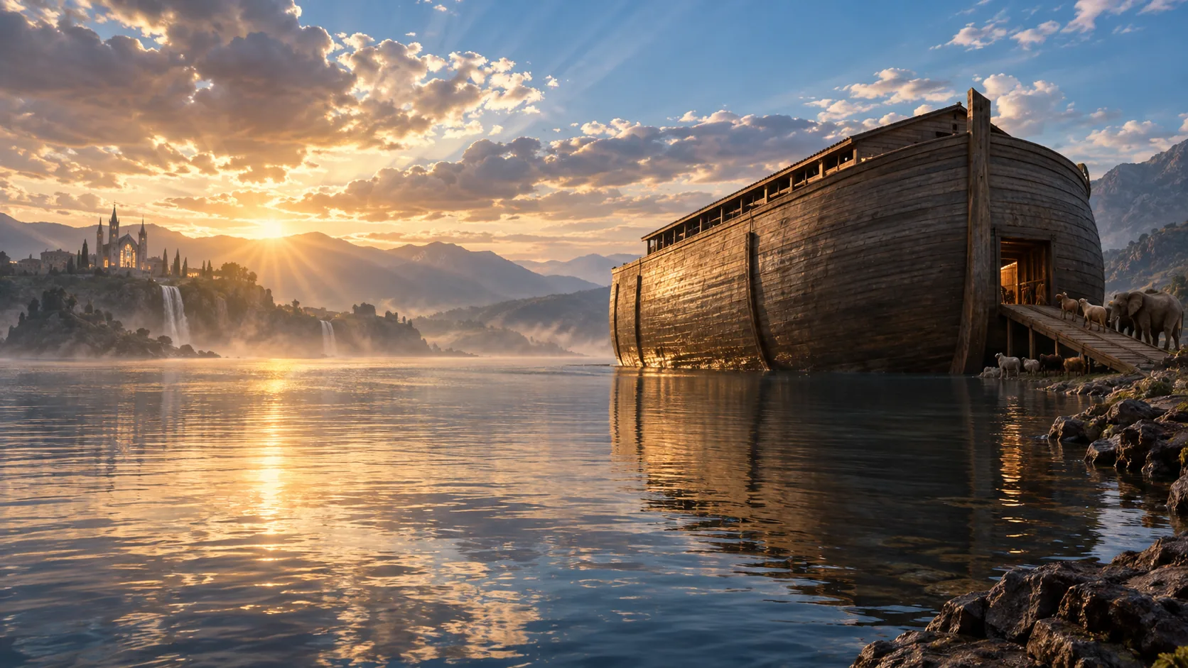 Sunrise over water beside an ark, the cinematic setting used by BibleBeacon